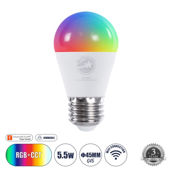 GloboStar® 60489 Έξυπνη Λάμπα LED E27 G45 Γλομπάκι Smart Home Wifi 5.5W 550lm 260° AC 220-240V IP20 Φ4.5 x Υ8.8cm RGB+CCT - Εναλλαγή Φωτισμού & Dimming μέσω Εφαρμογής Tuya - Bridgelux Chip - 3 Χρόνια Εγγύηση GloboStar® 60489 Έξυπνη Λάμπα LED E27 G45 Γλομπάκι Smart Home Wifi 5.5W 550lm 260° AC 220-240V IP20 Φ4.5 x Υ8.8cm RGB+CCT - Εναλλαγή Φωτισμού & Dimming μέσω Εφαρμογής Tuya - Bridgelux Chip - 3 Χρόνια Εγγύηση
