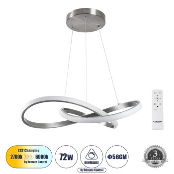 GLOBOSTAR® DEXTER 60498 Μοντέρνο Κρεμαστό Φωτιστικό Οροφής LED 72W 8064lm 300° AC 220-240V IP20 Ρυθμιζόμενο Λευκό CCT με Χειριστήριο από 2700K έως 6000K Dimmable - Lumileds SMD Chip - Νίκελ Βούρτσας - Μ56 x Π56 x Υ14cm - 3 Χρόνια Εγγύηση