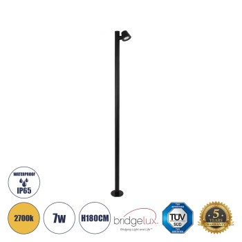 GloboStar® GARDENIA 60511 Φωτιστικό Κήπου - Πάρκου - Πλατείας - Κολωνάκι Αρχιτεκτονικού Φωτισμού Εξωτερικού Χώρου LED 7W 700lm 60° AC220-240V Αδιάβροχο IP65 - Σώμα Αλουμινίου & Tempered Glass - Μ15 x Π18 x Υ180cm - Θερμό Λευκό 2700K - Μαύρο - Bridgelu