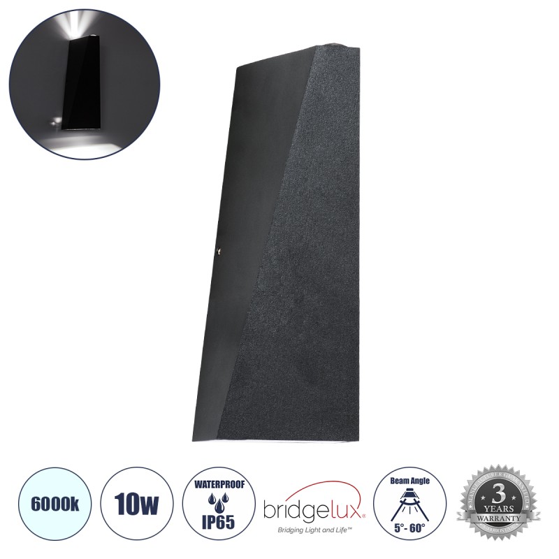 GloboStar® TRIANDE 60556 Φωτιστικό Τοίχου - Απλίκα Αρχιτεκτονικού Φωτισμού Εσωτερικού/Εξωτερικού Χώρου Up & Down LED 10W 1200lm 5° & 60° AC 220-240V IP65 Μ8.5 x Π8.5 x Υ20cm - Φυσικό Λευκό 4500K - Μαύρο Αλουμίνιο - Bridgelux Chip - 3 Χρόνια Εγγύησ