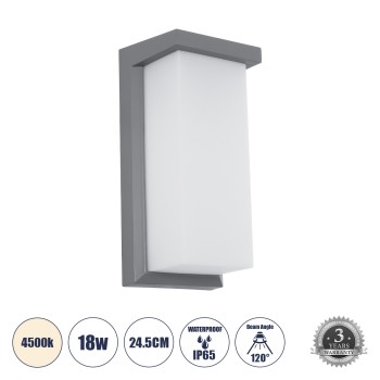 GLOBOSTAR® LOFT 60759 Μοντέρνο Φωτιστικό Τοίχου - Απλίκα LED 18W 1890lm 120° AC 220-240V Αδιάβροχο IP65 Φυσικό Λευκό 4500K - Bridgelux SMD Chip - Γκρι Ματ - Μ24.5 x Π11 x Υ9.5cm - 3 Χρόνια Εγγύηση