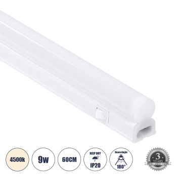 GLOBOSTAR® TUBO 60788 Γραμμικό Επεκτεινόμενο Φωτιστικό T5 60cm LED 9W 882lm 180° AC 220-240V IP20 Φυσικό Λευκό 4500K - Lumileds SMD Chip - Λευκό Γαλακτερό - Μ60 x Π2.2 x Υ3.5cm - 3 Χρόνια Εγγύση