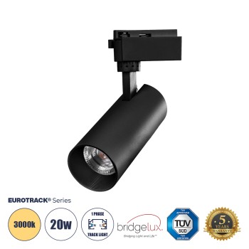 Globostar BEAMTRACK 60811 Μονοφασικό Φωτιστικό Σποτ Ράγας LED  20W 230V 2400lm 30° Acrylic HQ LENS AC 220-240V IP20 Φ6.2 x Υ15.8 cm Θερμό Λευκό 3000k - EUROTRACK® System 1L+1N - Μαύρο - Bridgelux Chip - TUV Certified Driver - 5 Χρόνια Εγγύηση
