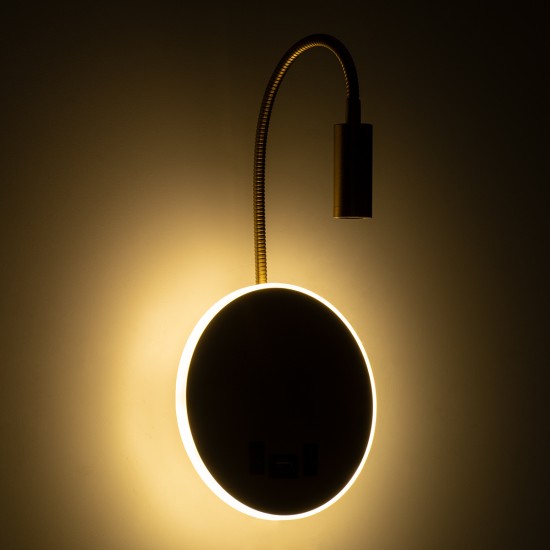 GloboStar® GOOSE 60885 Μοντέρνο Φωτιστικό Τοίχου - Απλίκα Ξενοδοχείου Bed Side LED 6W 600lm 36° & 360° AC 220-240V - Reading Light & 360° Κρυφός Φωτισμός - Φορτιστής USB 3A - Μ15.5 x Π15 x Υ30.5cm - Φυσικό Λευκό 4500K - Χρυσό Βούρτσας - 3 Xρόνια Ε