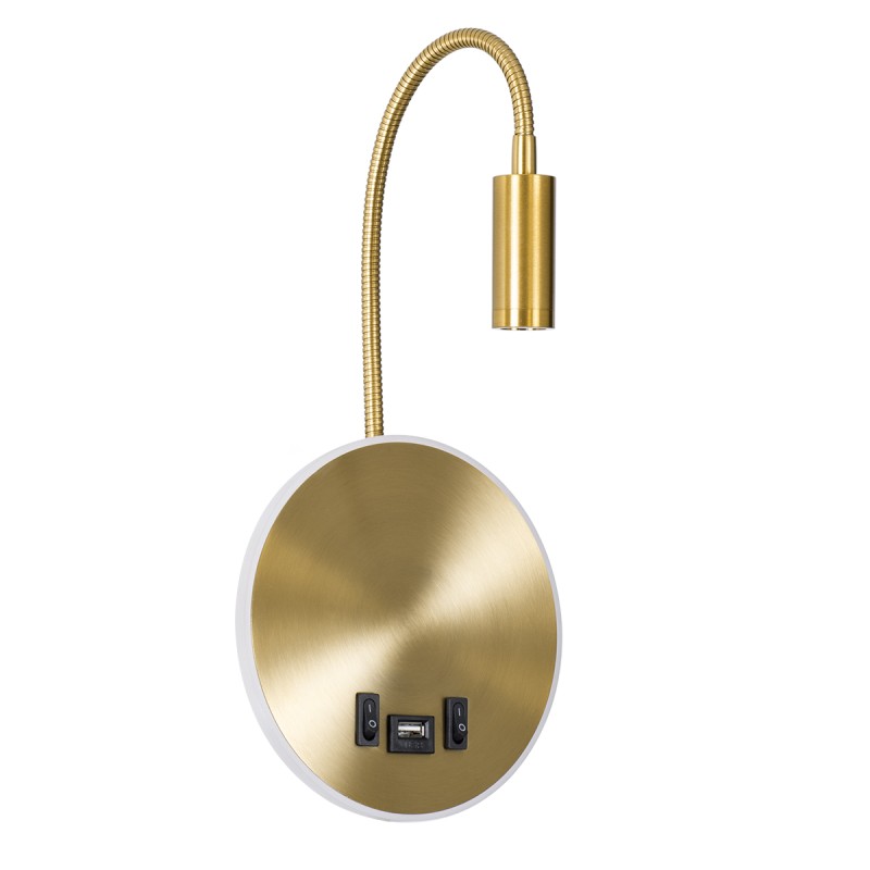 GloboStar® GOOSE 60885 Μοντέρνο Φωτιστικό Τοίχου - Απλίκα Ξενοδοχείου Bed Side LED 6W 600lm 36° & 360° AC 220-240V - Reading Light & 360° Κρυφός Φωτισμός - Φορτιστής USB 3A - Μ15.5 x Π15 x Υ30.5cm - Φυσικό Λευκό 4500K - Χρυσό Βούρτσας - 3 Xρόνια Ε