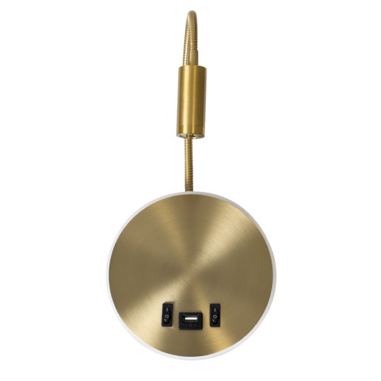 GloboStar® GOOSE 60885 Μοντέρνο Φωτιστικό Τοίχου - Απλίκα Ξενοδοχείου Bed Side LED 6W 600lm 36° & 360° AC 220-240V - Reading Light & 360° Κρυφός Φωτισμός - Φορτιστής USB 3A - Μ15.5 x Π15 x Υ30.5cm - Φυσικό Λευκό 4500K - Χρυσό Βούρτσας - 3 Xρόνια Ε