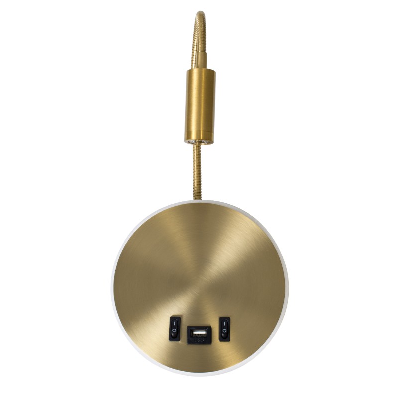 GloboStar® GOOSE 60885 Μοντέρνο Φωτιστικό Τοίχου - Απλίκα Ξενοδοχείου Bed Side LED 6W 600lm 36° & 360° AC 220-240V - Reading Light & 360° Κρυφός Φωτισμός - Φορτιστής USB 3A - Μ15.5 x Π15 x Υ30.5cm - Φυσικό Λευκό 4500K - Χρυσό Βούρτσας - 3 Xρόνια Ε