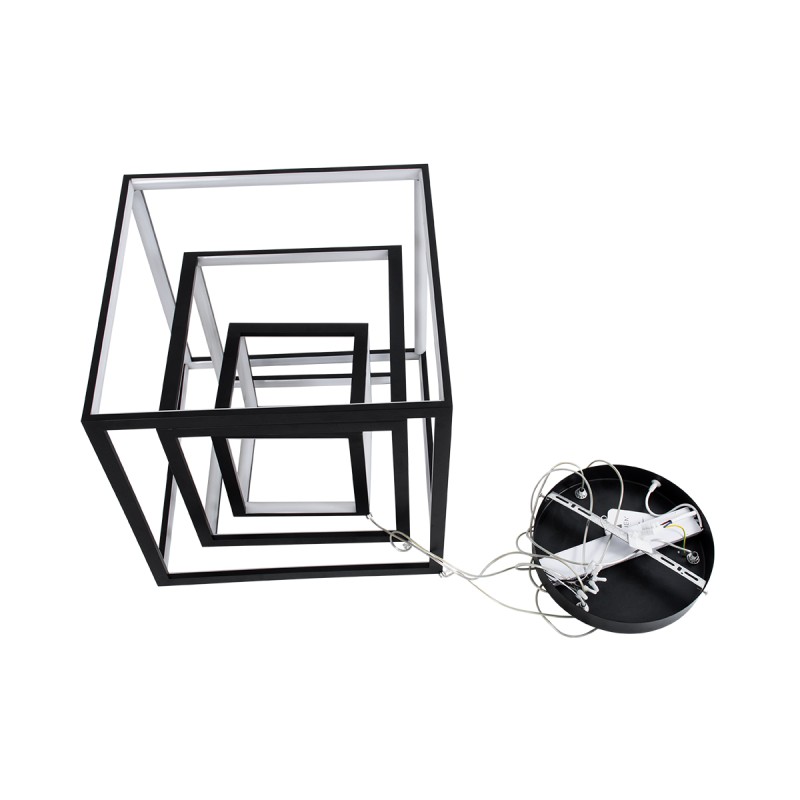 GloboStar® KIBOO-TRIO 60931 Κρεμαστό Φωτιστικό Οροφής Design LED CCT 90W 10350lm 360° AC 220-240V - Εναλλαγή Φωτισμού μέσω Τηλεχειριστηρίου All In One Ψυχρό 6000k+Φυσικό 4500k+Θερμό 2700k Dimmable Μ60 x Π60 x Υ80cm - Μαύρο - 3 Years Warranty