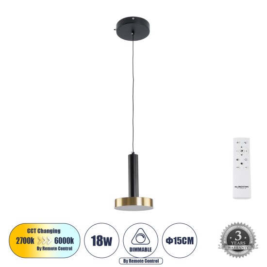 GLOBOSTAR® ZANE 60933 Κρεμαστό Φωτιστικό Design LED CCT 18W 2016lm 120° AC 220-240V IP20 - Εναλλαγή Φωτισμού μέσω Τηλεχειριστηρίου All In One Ψυχρό 6000k+Φυσικό 4500k+Θερμό 2700k Dimmable - Φ15 x Υ20cm - Μαύρο & Χρυσό - 3 Χρόνια Εγγύηση GLOBOSTAR® ZANE 60933 Κρεμαστό Φωτιστικό Design LED CCT 18W 2016lm 120° AC 220-240V IP20 - Εναλλαγή Φωτισμού μέσω Τηλεχειριστηρίου All In One Ψυχρό 6000k+Φυσικό 4500k+Θερμό 2700k Dimmable - Φ15 x Υ20cm - Μαύρο & Χρυσό - 3 Χρόνια Εγγύηση
