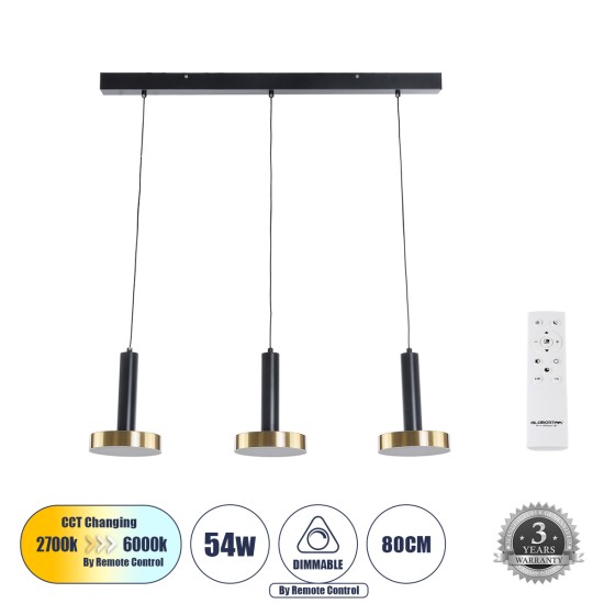 GLOBOSTAR® ZANE 60936 Κρεμαστό Φωτιστικό Design LED CCT 54W 6048lm 120° AC 220-240V IP20 - Εναλλαγή Φωτισμού μέσω Τηλεχειριστηρίου All In One Ψυχρό 6000k+Φυσικό 4500k+Θερμό 2700k Dimmable - Μ80 x Π15 x Υ20cm - Μαύρο & Χρυσό - 3 Χρόνια Εγγύηση GLOBOSTAR® ZANE 60936 Κρεμαστό Φωτιστικό Design LED CCT 54W 6048lm 120° AC 220-240V IP20 - Εναλλαγή Φωτισμού μέσω Τηλεχειριστηρίου All In One Ψυχρό 6000k+Φυσικό 4500k+Θερμό 2700k Dimmable - Μ80 x Π15 x Υ20cm - Μαύρο & Χρυσό - 3 Χρόνια Εγγύηση