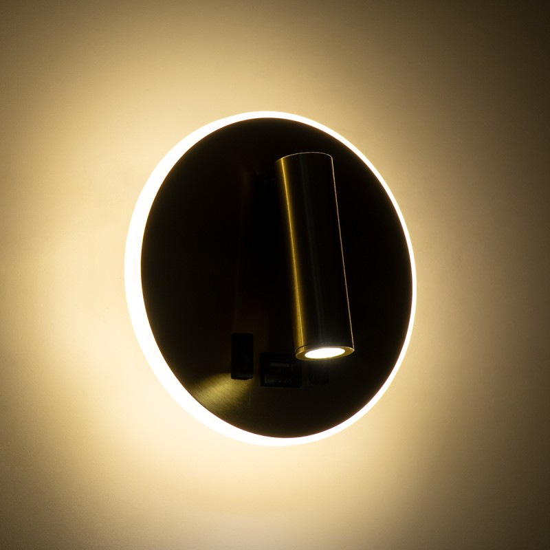 GloboStar® LADY-R 60940 Μοντέρνο Φωτιστικό Τοίχου - Απλίκα Ξενοδοχείου Bed Side LED 6W 600lm 36° & 360° AC 220-240V - Reading Light & Κρυφός Φωτισμός - Φορτιστής USB 3A - Φ15 x Υ7cm - Φυσικό Λευκό 4500K - Χρυσό Βούρτσας - 3 Χρόνια Εγγύηση