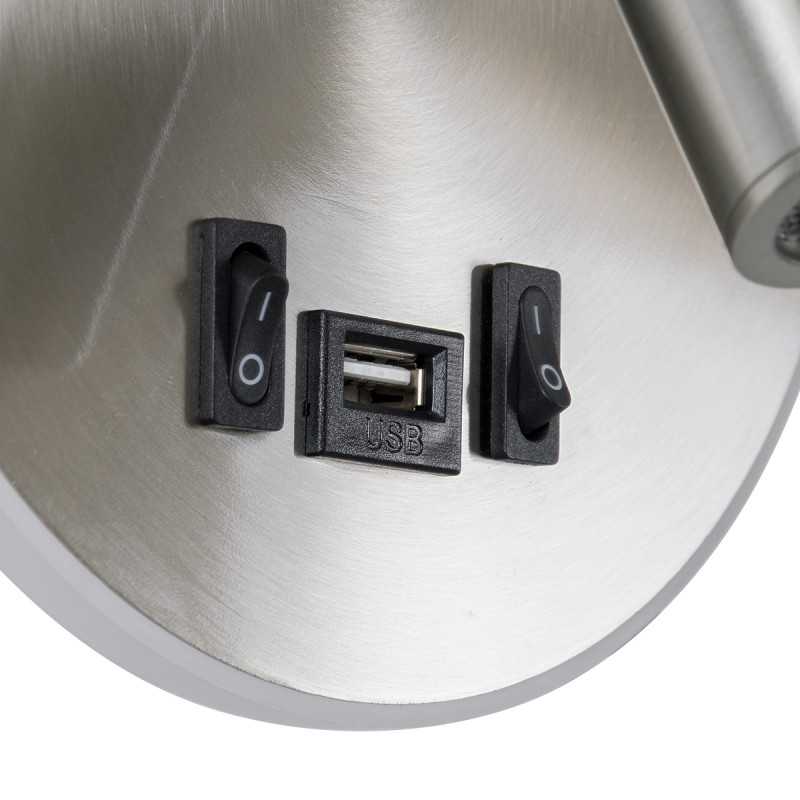 GloboStar® LADY-R 60941 Μοντέρνο Φωτιστικό Τοίχου - Απλίκα Ξενοδοχείου Bed Side LED 6W 600lm 36° & 360° AC 220-240V - Reading Light & Κρυφός Φωτισμός - Φορτιστής USB 3A - Φ15 x Υ7cm - Φυσικό Λευκό 4500K - Νίκελ Βούρτσας - 3 Χρόνια Εγγύηση