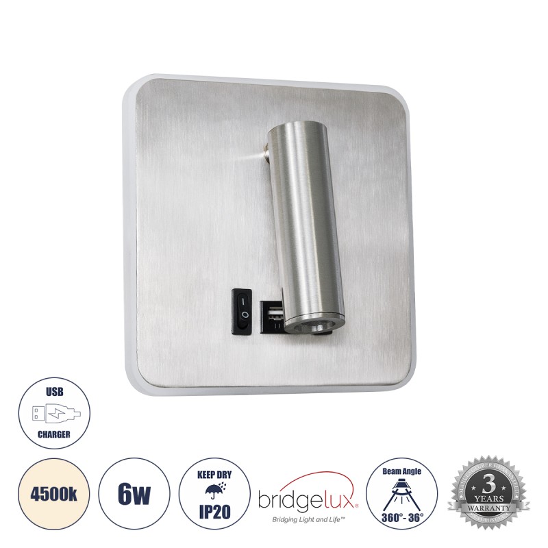 GloboStar® LADY-S 60945 Μοντέρνο Φωτιστικό Τοίχου - Απλίκα Ξενοδοχείου Bed Side LED 6W 600lm 36° & 360° AC 220-240V - Reading Light & Κρυφός Φωτισμός - Φορτιστής USB 3A - Μ15 x Π15 x Υ7cm - Φυσικό Λευκό 4500K - Νίκελ Βούρτσας- 3 Χρόνια Εγγύηση