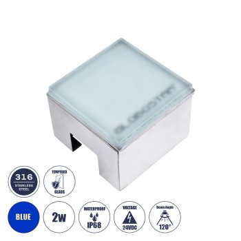 GLOBOSTAR® CYBOLITHOS 60946 Χωνευτό Αρχιτεκτονικο Φωτιστικό Σποτ Δαπέδου LED 2W 170lm 120° DC 24V Αδιάβροχο IP68 IK06 Μπλε Dimmable - Bridgelux SMD Chip - Γαλακτερό Tempered Glass & Ανοξείδωτο Ατσάλι SS316 - Μ10 x Π10x Υ8cm / Q10 x 10cm - 3 Χρόνια Εγγ
