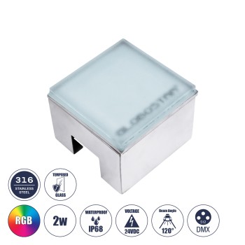 GLOBOSTAR® CYBOLITHOS 60948 Χωνευτό Αρχιτεκτονικο Φωτιστικό Σποτ Δαπέδου LED 2W 170lm 120° DC 24V Αδιάβροχο IP68 IK06 Πολύχρωμο RGB Dimmable DMX512 - Bridgelux SMD Chip - Γαλακτερό Tempered Glass & Ανοξείδωτο Ατσάλι SS316 - Μ10 x Π10x Υ8cm / Q10 x 10c