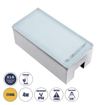 GLOBOSTAR® CYBOLITHOS 60949 Χωνευτό Αρχιτεκτονικο Φωτιστικό Σποτ Δαπέδου LED 4W 440lm 120° DC 24V Αδιάβροχο IP68 IK06 Θερμό Λευκό 2700K Dimmable - Bridgelux SMD Chip - Γαλακτερό Tempered Glass & Ανοξείδωτο Ατσάλι SS316 - Μ20 x Π10x Υ8cm / Q20 x 10cm -
