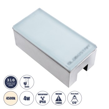 GLOBOSTAR® CYBOLITHOS 60950 Χωνευτό Αρχιτεκτονικο Φωτιστικό Σποτ Δαπέδου LED 4W 460lm 120° DC 24V Αδιάβροχο IP68 IK06 Φυσικό Λευκό 4500K Dimmable - Bridgelux SMD Chip - Γαλακτερό Tempered Glass & Ανοξείδωτο Ατσάλι SS316 - Μ20 x Π10x Υ8cm / Q20 x 10cm 