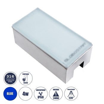 GLOBOSTAR® CYBOLITHOS 60952 Χωνευτό Αρχιτεκτονικο Φωτιστικό Σποτ Δαπέδου LED 4W 340lm 120° DC 24V Αδιάβροχο IP68 IK06 Μπλε Dimmable - Bridgelux SMD Chip - Γαλακτερό Tempered Glass & Ανοξείδωτο Ατσάλι SS316 - Μ20 x Π10x Υ8cm / Q20 x 10cm - 3 Χρόνια Εγγ