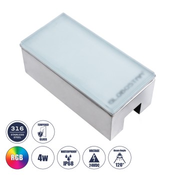 GLOBOSTAR® CYBOLITHOS 60953 Χωνευτό Αρχιτεκτονικο Φωτιστικό Σποτ Δαπέδου LED 4W 340lm 120° DC 24V Αδιάβροχο IP68 IK06 Πολύχρωμο RGB Dimmable - Bridgelux SMD Chip - Γαλακτερό Tempered Glass & Ανοξείδωτο Ατσάλι SS316 - Μ20 x Π10x Υ8cm / Q20 x 10cm - 3 Χ