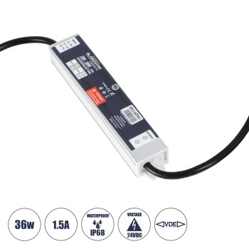 GLOBOSTAR® LUMISPLASH 60961 Τροφοδοτικό/Μετασχηματιστής Class II SELV 36W 1.5A DC 24V Αδιάβροχο IP68 - AC 220-240V σε DC 24V - Μ17 x Π3 x Υ2cm - 3 Χρόνια Εγγύηση