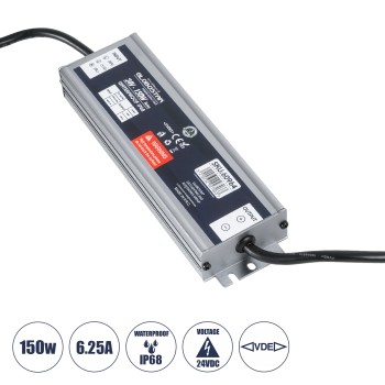 GLOBOSTAR® LUMISPLASH 60964 Τροφοδοτικό/Μετασχηματιστής Class II SELV 150W 6.25A DC 24V Αδιάβροχο IP68 - AC 220-240V σε DC 24V - Μ20 x Π5.5 x Υ2.5cm - 3 Χρόνια Εγγύηση
