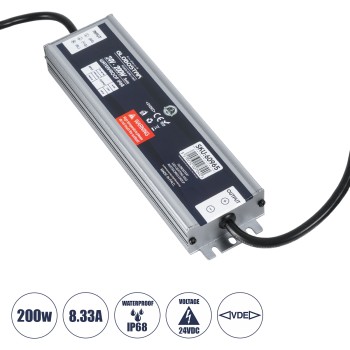 GLOBOSTAR® LUMISPLASH 60965 Τροφοδοτικό/Μετασχηματιστής Class II SELV 200W 8.33A DC 24V Αδιάβροχο IP68 - AC 220-240V σε DC 24V - Μ21.5 x Π5.5 x Υ2.5cm - 3 Χρόνια Εγγύηση