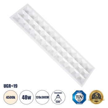 GLOBOSTAR® ZEUS 60972 Χωνευτό Panel Οροφής 120x30 με Anti Glare Reflector LED 48W 7200lm 120° CRI≥85Ra UGR<19 AC 220-240V IP20 Φυσικό Λευκό 4500K - Lumileds SMD Chip & TÜV SÜD Driver - Λευκό Γαλακτερό - Μ120 x Π30 x Υ3.3cm / Q116 x 26cm - 5 Χρόνια 