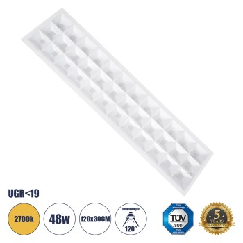 GLOBOSTAR® ZEUS 60973 Χωνευτό Panel Οροφής 120x30 με Anti Glare Reflector LED 48W 6960lm 120° CRI≥85Ra UGR<19 AC 220-240V IP20 Θερμό Λευκό 2700K - Lumileds SMD Chip & TÜV SÜD Driver - Λευκό Γαλακτερό - Μ120 x Π30 x Υ3.3cm / Q116 x 26cm - 5 Χρόνια Ε