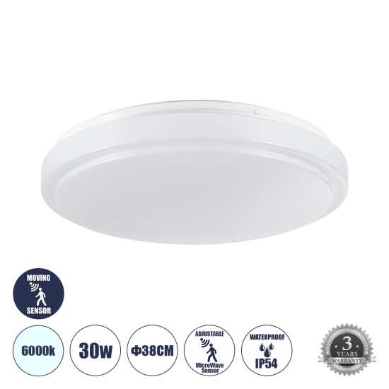 GloboStar® SENSORANO 60994 Πλαφονιέρα Οροφής LED 30W 3000lm 120° AC 220-240V με Ενσωματωμένο Σύστημα Ρυθμιζόμενου Microwave Αισθητήρα Κίνησης - Αδιάβροχη IP54 Φ38 x Υ5.3cm Ψυχρό Λευκό 6000K - Λευκό - Bridgelux Chips - 3 Years Warranty GloboStar® SENSORANO 60994 Πλαφονιέρα Οροφής LED 30W 3000lm 120° AC 220-240V με Ενσωματωμένο Σύστημα Ρυθμιζόμενου Microwave Αισθητήρα Κίνησης - Αδιάβροχη IP54 Φ38 x Υ5.3cm Ψυχρό Λευκό 6000K - Λευκό - Bridgelux Chips - 3 Years Warranty