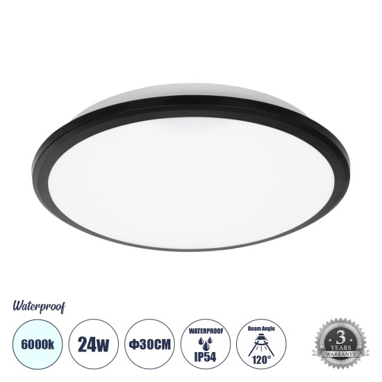GloboStar® TUFFIN 60996 Πλαφονιέρα Οροφής LED 24W 2760lm 120° AC 220-240V Αδιάβροχη IP54 Φ30 x Υ6.5cm Ψυχρό Λευκό 6000K - Μαύρο - Bridgelux Chips - 3 Years Warranty GloboStar® TUFFIN 60996 Πλαφονιέρα Οροφής LED 24W 2760lm 120° AC 220-240V Αδιάβροχη IP54 Φ30 x Υ6.5cm Ψυχρό Λευκό 6000K - Μαύρο - Bridgelux Chips - 3 Years Warranty