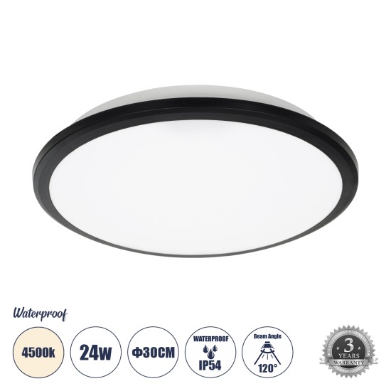 GloboStar® TUFFIN 60997 Πλαφονιέρα Οροφής LED 24W 2640lm 120° AC 220-240V Αδιάβροχη IP54 Φ30 x Υ6.5cm Φυσικό Λευκό 4500K - Μαύρο - Bridgelux Chips - 3 Years Warranty GloboStar® TUFFIN 60997 Πλαφονιέρα Οροφής LED 24W 2640lm 120° AC 220-240V Αδιάβροχη IP54 Φ30 x Υ6.5cm Φυσικό Λευκό 4500K - Μαύρο - Bridgelux Chips - 3 Years Warranty