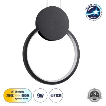 GLOBOSTAR® CYCLOS 61073 Μοντέρνο Κρεμαστό Φωτιστικό Οροφής LED 9W 1080lm 300° AC 220-240V IP20 Ρυθμιζόμενο Λευκό CCT με On/Off 2700K/4500K/6000K - Lumileds SMD Chip - Μαύρο Ματ - Μ21 x Π2.3 x Υ26.5cm - 3 Χρόνια Εγγύηση