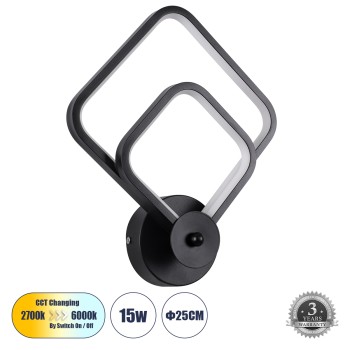 GLOBOSTAR® ANNA 61085 Μοντέρνο Φωτιστικό Τοίχου - Απλίκα LED 15W 1800lm 300° AC 220-240V IP20 Ρυθμιζόμενο Λευκό CCT με On/Off 2700K/4500K/6000K - Lumileds SMD Chip - Μαύρο Ματ - Μ25 x Π8 x Υ30cm - 3 Χρόνια Εγγύηση