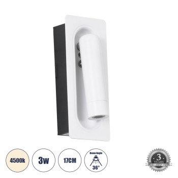 GLOBOSTAR® MANHATTAN 61098 Μοντέρνο Φωτιστικό Τοίχου - Απλίκα Ξενοδοχείου Reading Light LED 3W 405lm 36° AC 220-240V IP20 Φυσικό Λευκό 4500K - Bridgelux COB Chip & TÜV SÜD Driver - Λευκό - Μ7 x Π7 x Υ17cm - 3 Χρόνια Εγγύηση