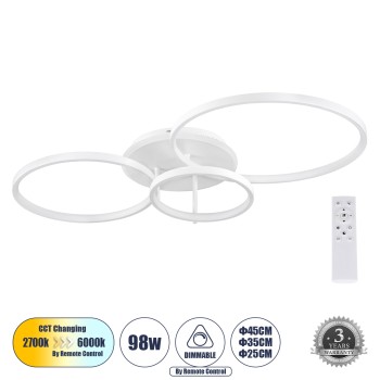 GLOBOSTAR® NEMESIS 61109 Μοντέρνο Φωτιστικό Οροφής LED 98W 11858lm 360° AC 220-240V IP20 Ρυθμιζόμενο Λευκό CCT με Χειριστήριο από 2700K έως 6000K Dimmable - Lumileds SMD Chip - Λευκό Ματ - Μ89 x Π60 x Υ19cm - 3 Χρόνια Εγγύηση