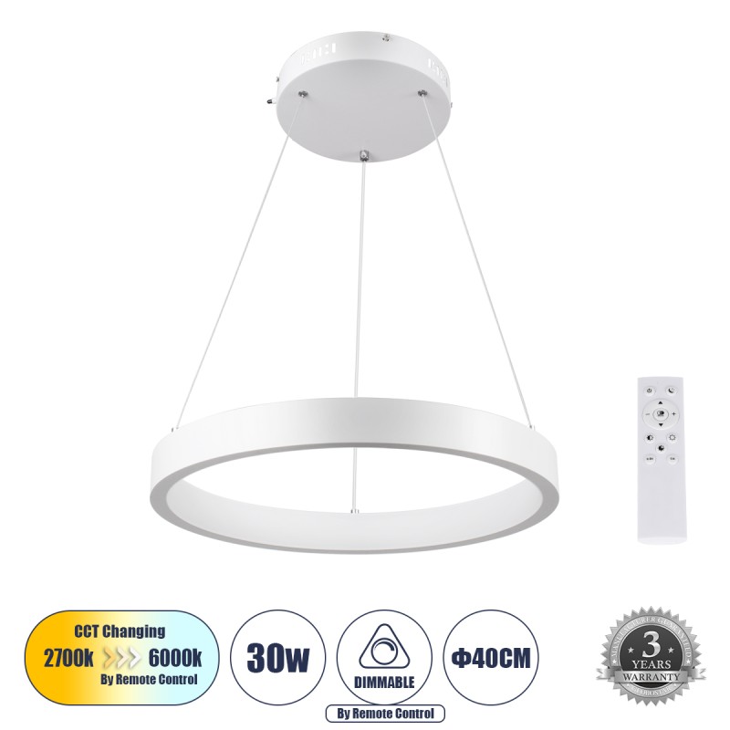 GLOBOSTAR® NEMESIS 61156 Μοντέρνο Κρεμαστό Φωτιστικό Οροφής LED 30W 3513lm 360° AC 220-240V IP20 Ρυθμιζόμενο Λευκό CCT με Χειριστήριο από 2700K έως 6000K Dimmable - Lumileds SMD Chip - Λευκό Ματ - Μ40 x Π40 x Υ4cm - 3 Χρόνια Εγγύηση