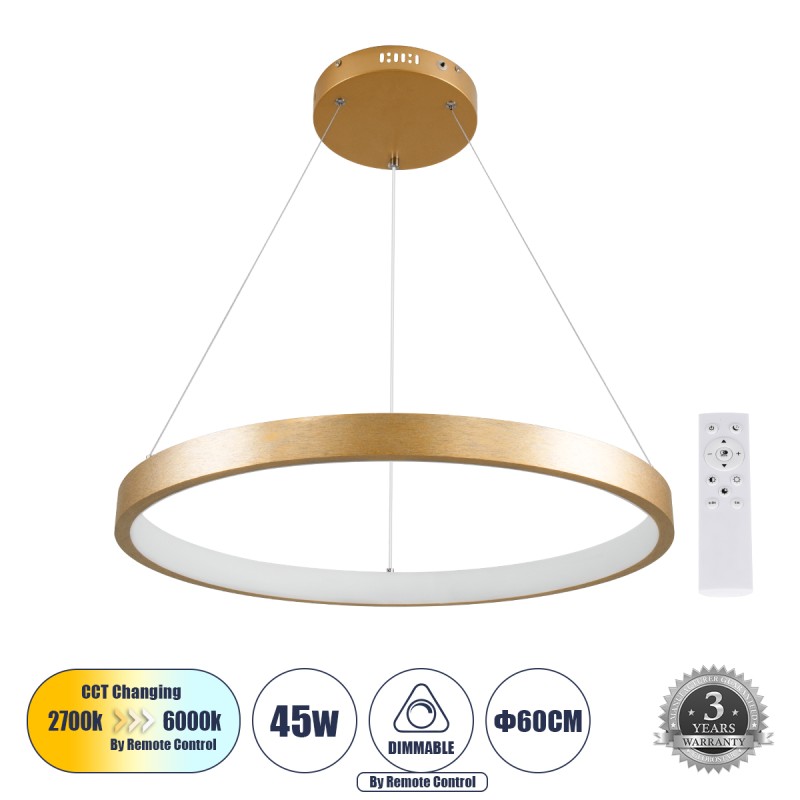 GLOBOSTAR® NEMESIS 61160 Μοντέρνο Κρεμαστό Φωτιστικό Οροφής LED 45W 5230lm 360° AC 220-240V IP20 Ρυθμιζόμενο Λευκό CCT με Χειριστήριο από 2700K έως 6000K Dimmable - Lumileds SMD Chip - Χρυσό Βούρτσας - Μ60 x Π60 x Υ4cm - 3 Χρόνια Εγγύηση