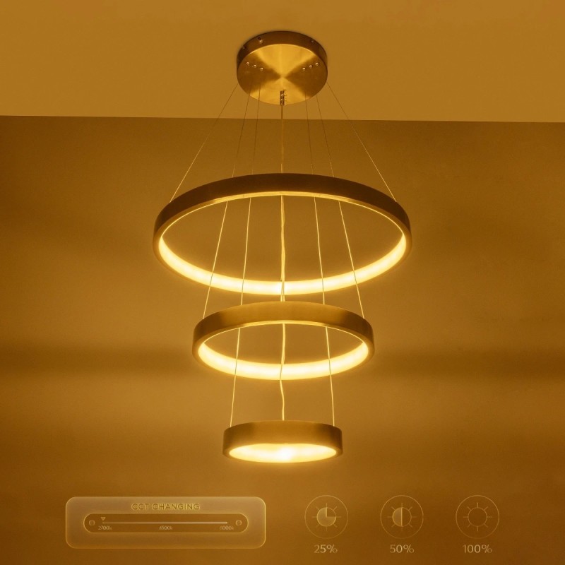 GLOBOSTAR® NEMESIS TRIO 61169 Μοντέρνο Κρεμαστό Φωτιστικό Οροφής LED 100W 12123lm 360° AC 220-240V IP20 Ρυθμιζόμενο Λευκό CCT με Χειριστήριο από 2700K έως 6000K Dimmable - Lumileds SMD Chip - Χρυσό Βούρτσας - Μ60 x Π60 x Υ60cm - 3 Χρόνια Εγγύηση