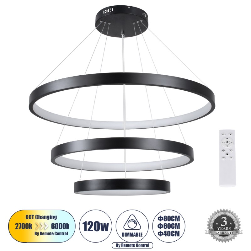 GLOBOSTAR® NEMESIS TRIO 61170 Μοντέρνο Κρεμαστό Φωτιστικό Οροφής LED 120W 14723lm 360° AC 220-240V IP20 Ρυθμιζόμενο Λευκό CCT με Χειριστήριο από 2700K έως 6000K Dimmable - Lumileds SMD Chip - Μαύρο Ματ - Μ80 x Π80 x Υ60cm - 3 Χρόνια Εγγύηση