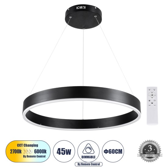 GLOBOSTAR® VENOM 61176 Μοντέρνο Κρεμαστό Φωτιστικό Οροφής LED 45W 5269lm 120° AC 220-240V IP20 Ρυθμιζόμενο Λευκό CCT με Χειριστήριο από 2700K έως 6000K Dimmable - Lumileds SMD Chip - Μαύρο Ματ - Μ60 x Π60 x Υ6.5cm - 3 Χρόνια Εγγύηση GloboStar® VENOM 61176 Κρεμαστό Φωτιστικό Δαχτυλίδι-Κύκλος LED CCT 45W 5269lm 120° AC 220-240V - Εναλλαγή Φωτισμού μέσω Τηλεχειριστηρίου All In One Ψυχρό 6000K+Φυσικό 4500K+Θερμό 2700K Dimmable Φ60cm - Μαύρο - 3 Years Warranty