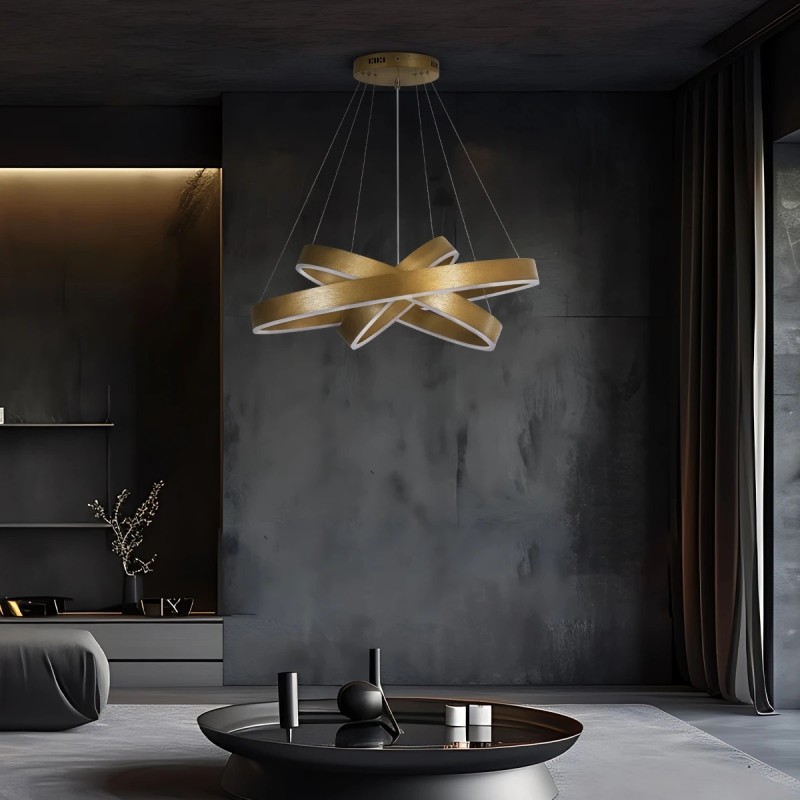 GloboStar® VENOM TRIO 61190-DECO Κρεμαστό Φωτιστικό Δαχτυλίδι-Κύκλος LED CCT 120W 14158lm 120° AC 220-240V - Εναλλαγή Φωτισμού μέσω Τηλεχειριστηρίου All In One Ψυχρό 6000K+Φυσικό 4500K+Θερμό 2700K Dimmable Φ40+60+80cm - Χρυσό Βούρτσας - 3 Years Warranty