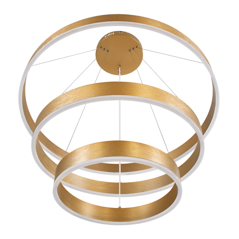 GloboStar® VENOM TRIO 61190 Κρεμαστό Φωτιστικό Δαχτυλίδι-Κύκλος LED CCT 120W 14158lm 120° AC 220-240V - Εναλλαγή Φωτισμού μέσω Τηλεχειριστηρίου All In One Ψυχρό 6000K+Φυσικό 4500K+Θερμό 2700K Dimmable Φ40+60+80cm - Χρυσό Βούρτσας - 3 Years Warranty