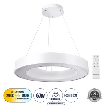 GLOBOSTAR® RA 61195 Μοντέρνο Κρεμαστό Φωτιστικό Οροφής LED 67W 7370lm 120° AC 220-240V IP20 Ρυθμιζόμενο Λευκό CCT με Χειριστήριο από 2700K έως 6000K Dimmable - Lumileds SMD Chip - Λευκό Ματ - Μ60 x Π60 x Υ8cm - 3 Χρόνια Εγγύηση