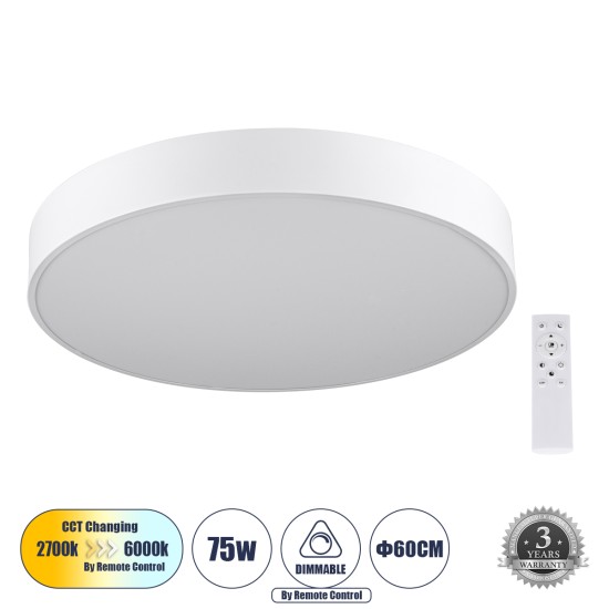 GloboStar® BURTON 61203-S Πλαφονιέρα Οροφής LED CCT 75W 8625lm 120° AC 220-240V - Εναλλαγή Φωτισμού μέσω Τηλεχειριστηρίου All In One Ψυχρό 6000k+Φυσικό 4500k+Θερμό 2700k Dimmable Φ60cm - Λευκό - 3 Years Warranty GloboStar® BURTON 61203-S Πλαφονιέρα Οροφής LED CCT 75W 8625lm 120° AC 220-240V - Εναλλαγή Φωτισμού μέσω Τηλεχειριστηρίου All In One Ψυχρό 6000k+Φυσικό 4500k+Θερμό 2700k Dimmable Φ60cm - Λευκό - 3 Years Warranty