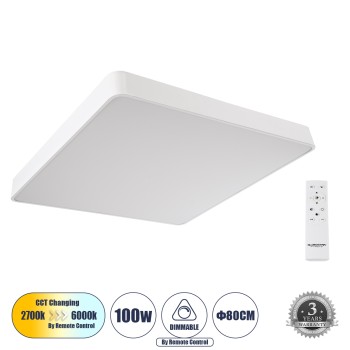GLOBOSTAR® KAMALA 61211-S Μοντέρνο Φωτιστικό Οροφής LED 100W 11020lm 120° AC 220-240V IP20 Ρυθμιζόμενο Λευκό CCT με Χειριστήριο από 2700K έως 6000K Dimmable - Lumileds SMD Chip - Λευκό Ματ - Μ80 x Π80 x Υ8cm - 3 Χρόνια Εγγύηση
