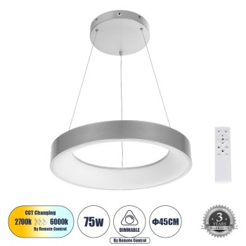 GLOBOSTAR® SALEM 61242 Μοντέρνο Κρεμαστό Φωτιστικό Οροφής LED 75W 8625lm 120° AC 220-240V IP20 Ρυθμιζόμενο Λευκό CCT με Χειριστήριο από 2700K έως 6000K Dimmable - Lumileds SMD Chip - Γκρι - Μ45 x Π45 x Υ6.5cm - 3 Χρόνια Εγγύηση