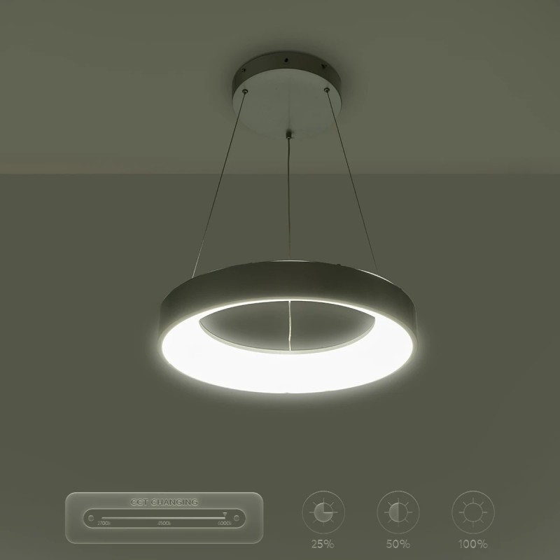 GloboStar® SALEM 61242 Κρεμαστή Πλαφονιέρα Οροφής Δαχτυλίδι-Κύκλος LED CCT 75W 8625lm 120° AC 220-240V - Εναλλαγή Φωτισμού μέσω Τηλεχειριστηρίου All In One Ψυχρό 6000k+Φυσικό 4500k+Θερμό 2700k Dimmable Φ45cm - Ασημί - 3 Years Warranty