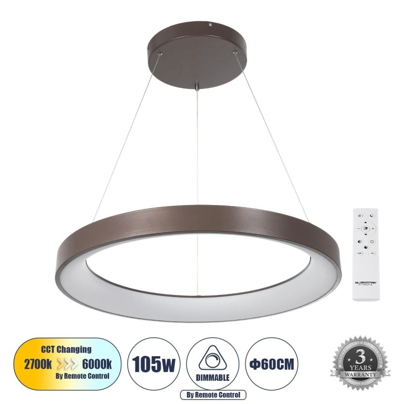 GloboStar® SALEM 61248 Κρεμαστή Πλαφονιέρα Οροφής Δαχτυλίδι-Κύκλος LED CCT 105W 12075lm 120° AC 220-240V - Εναλλαγή Φωτισμού μέσω Τηλεχειριστηρίου All In One Ψυχρό 6000k+Φυσικό 4500k+Θερμό 2700k Dimmable Φ60cm - Καφέ Χάλκινο - 3 Years Warranty