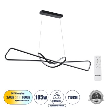 GLOBOSTAR® DOLORES 61279 Μοντέρνο Κρεμαστό Φωτιστικό Οροφής LED 105W 11760lm 300° AC 220-240V IP20 Ρυθμιζόμενο Λευκό CCT με Χειριστήριο από 2700K έως 6000K Dimmable - Lumileds SMD Chip - Μαύρο Ματ - Μ110 x Π17 x Υ17.5cm - 3 Χρόνια Εγγύηση