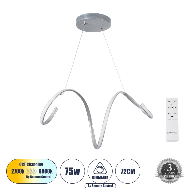 GloboStar® SPIRALE 61285 Κρεμαστό Φωτιστικό Οροφής Design LED CCT 75W 8400lm 300° AC 220-240V - Εναλλαγή Φωτισμού μέσω Τηλεχειριστηρίου All In One Ψυχρό 6000k+Φυσικό 4500k+Θερμό 2700k Dimmable Μ72 x Π25 x Υ30cm - Νίκελ Ασημί Βούρτσας - 3 Years Warranty